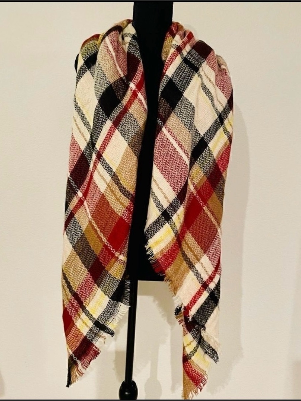 Plaid Fringe Wrap Scarf in Red, Cream & Mustard